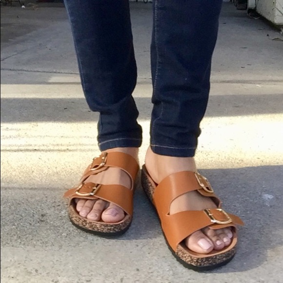 LAST 1❤️ TAN DOUBLE STRAP CORK SLIDE SANDALS - Picture 5 of 8